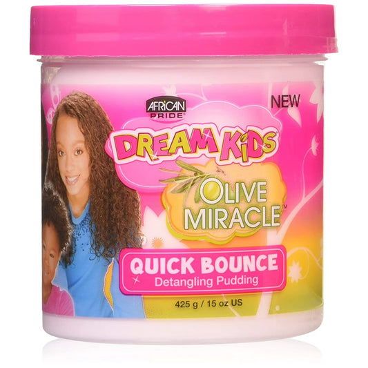 African Pride Quick Bounce Detangling Pudding 15oz in a pink jar and bold Dream Kids Olive Miracle text at the top.