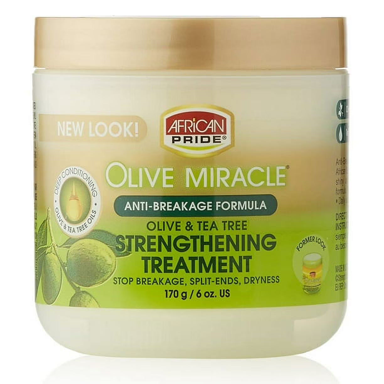 African Pride Olive Miracle Strengthening Treatment 6oz in a clear jar with a green label and bold African Pride Olive Miracle text at the top.
