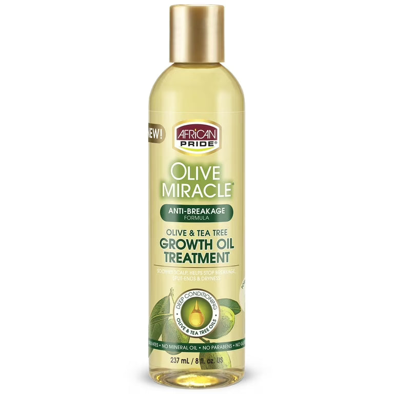 African Pride Olive Miracle Anti-Breakage Growth Oil Treatment 8oz with a green label and bold African Pride Olive Miracle text at the top.