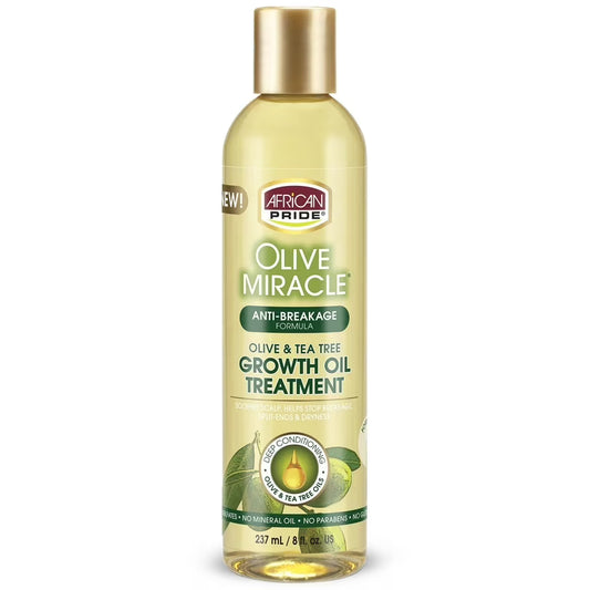 African Pride Olive Miracle Anti-Breakage Growth Oil Treatment 8oz with a green label and bold African Pride Olive Miracle text at the top.