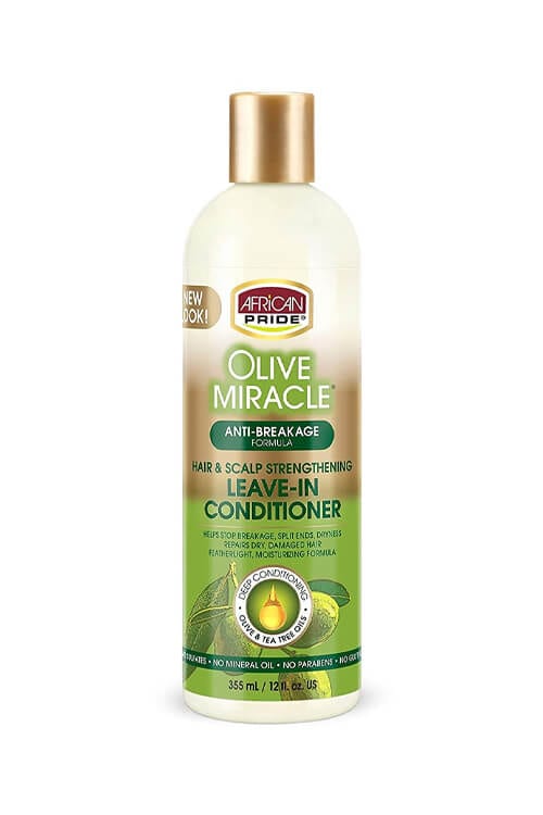 African Pride Olive Hair & Scalp Leave-In Conditioner 12oz clear bottle with a green label and bold African Pride Olive Miracle text at the top.