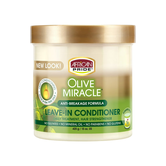 African Pride Olive Miracle Leave-In Conditioner in a clear jar and green label.