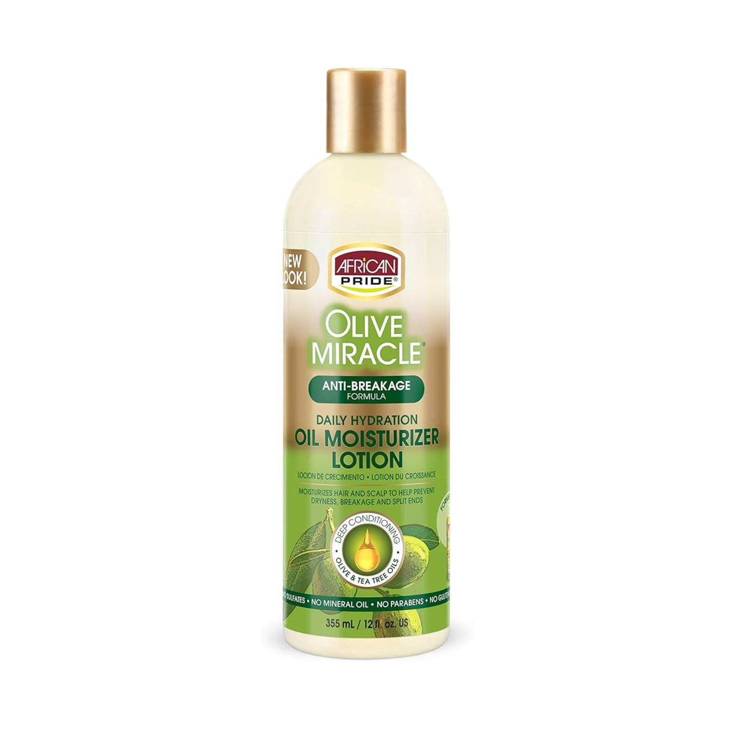 African Pride Olive Miracle Oil Moisturizer Lotion 12oz with a green label and bold African Pride Olive Miracle text at the top.