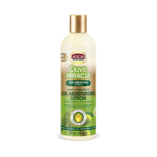 African Pride Olive Miracle Oil Moisturizer Lotion 12oz with a green label and bold African Pride Olive Miracle text at the top.