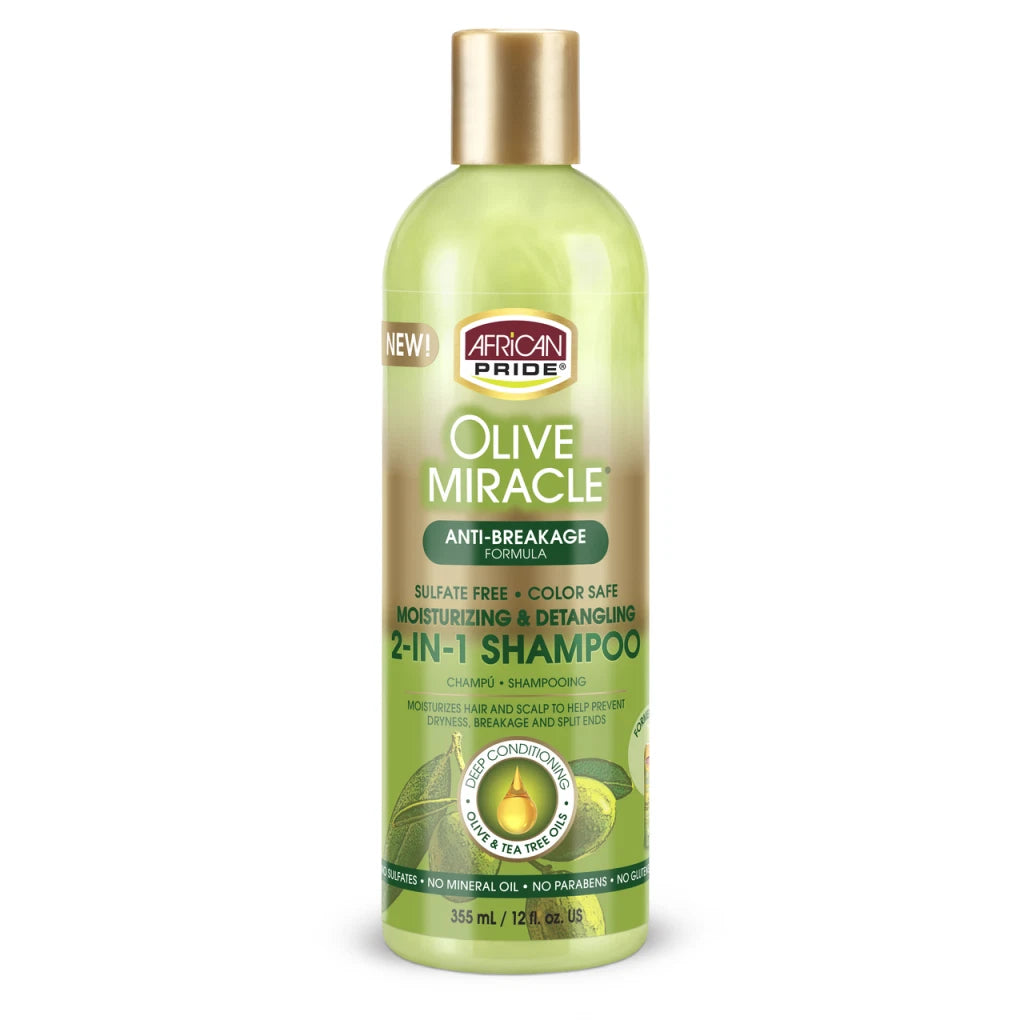 African Pride Olive Miracle Moisturizing and Detangling 2-In-1 Shampoo 12oz in a green bottle and bold African Pride Olive Miracle text at the top.