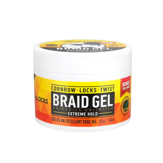 AllDay Locks Braid Gel Extreme Hold 5oz in a white jar with yellow, orange and white label.