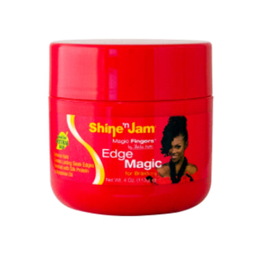 Ampro Shine 'n Jam Magic Fingers Edge Magic Gel 4oz in a red jar with a red label and yellow and white lettering. 