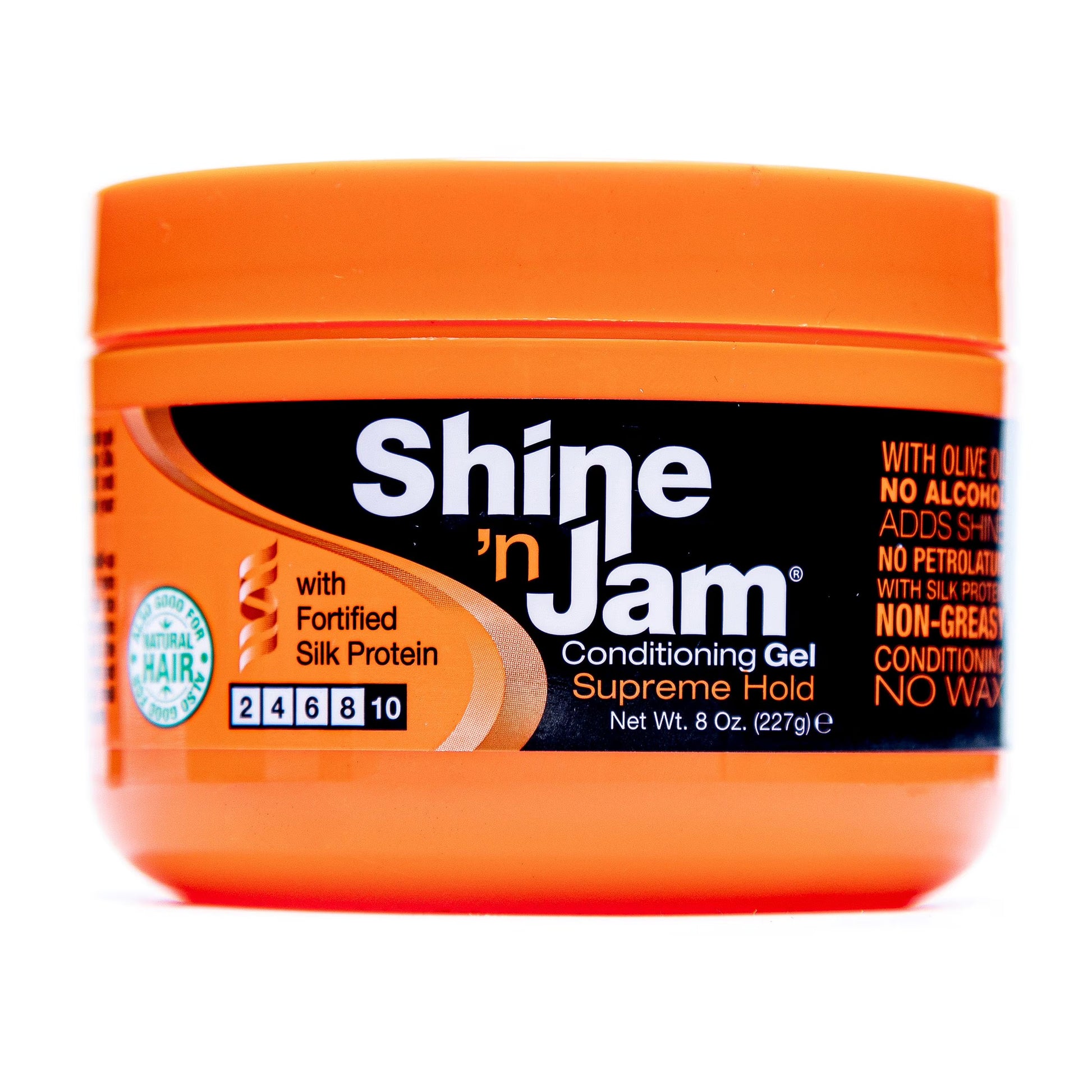 Ampro Shine 'n Jam Conditioning Gel Supreme Hold 8oz in a orange jar with a black label and white lettering. 