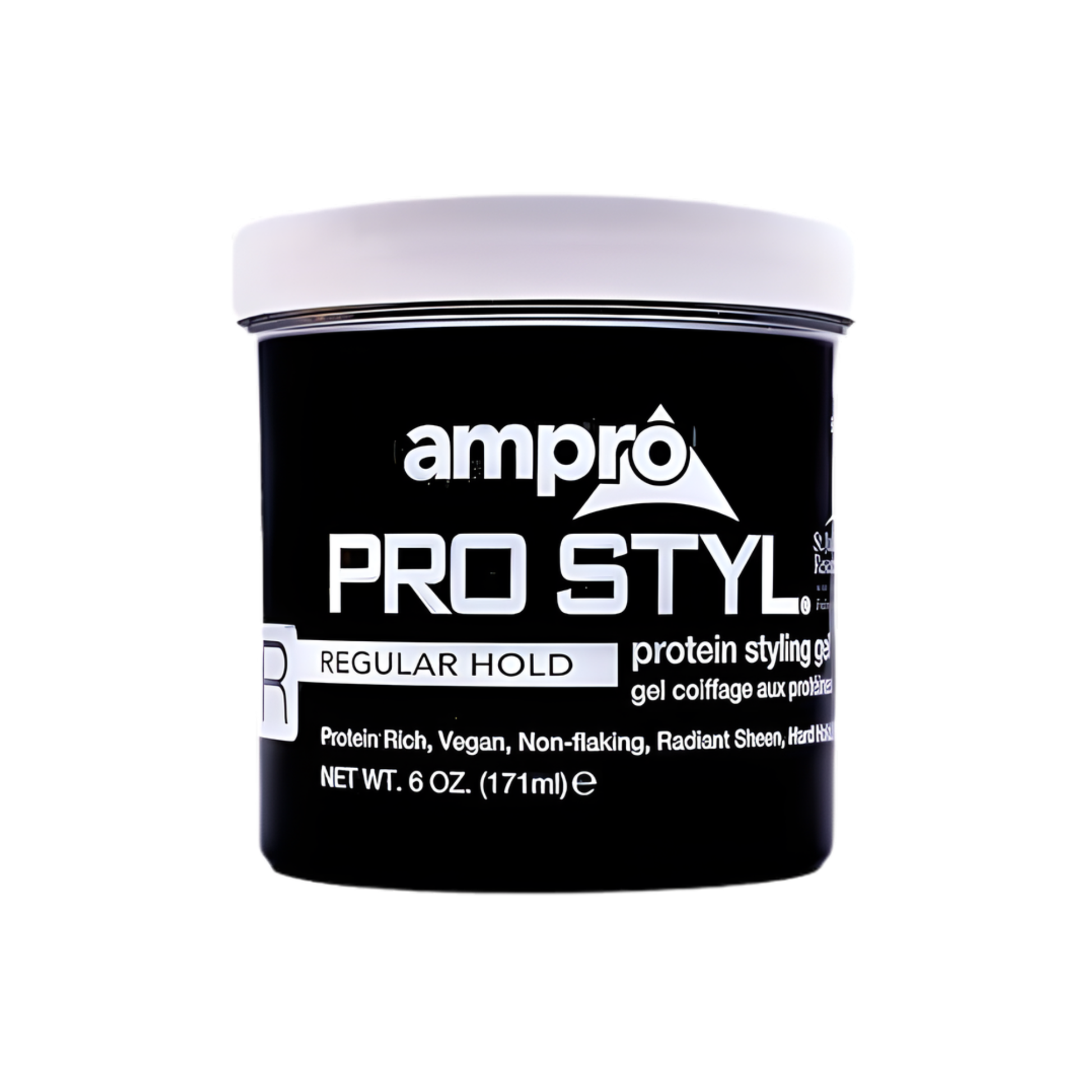 Ampro Pro Styl Regular Hold 6oz in a black jar with a white cap and white lettering. 