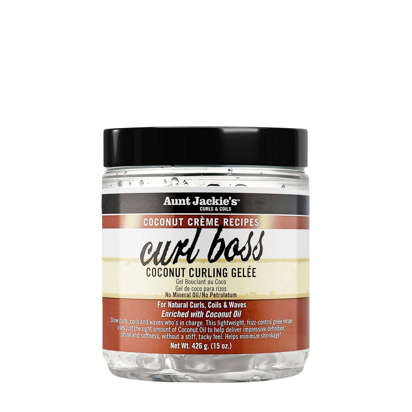 A jar of Aunt Jackie’s Curl Boss Coconut Curling Gelee 15oz standing upright against a plain white background, featuring brown and black packaging with the product name “Curl Boss” in large script and “Coconut Curling Gelee” below it.