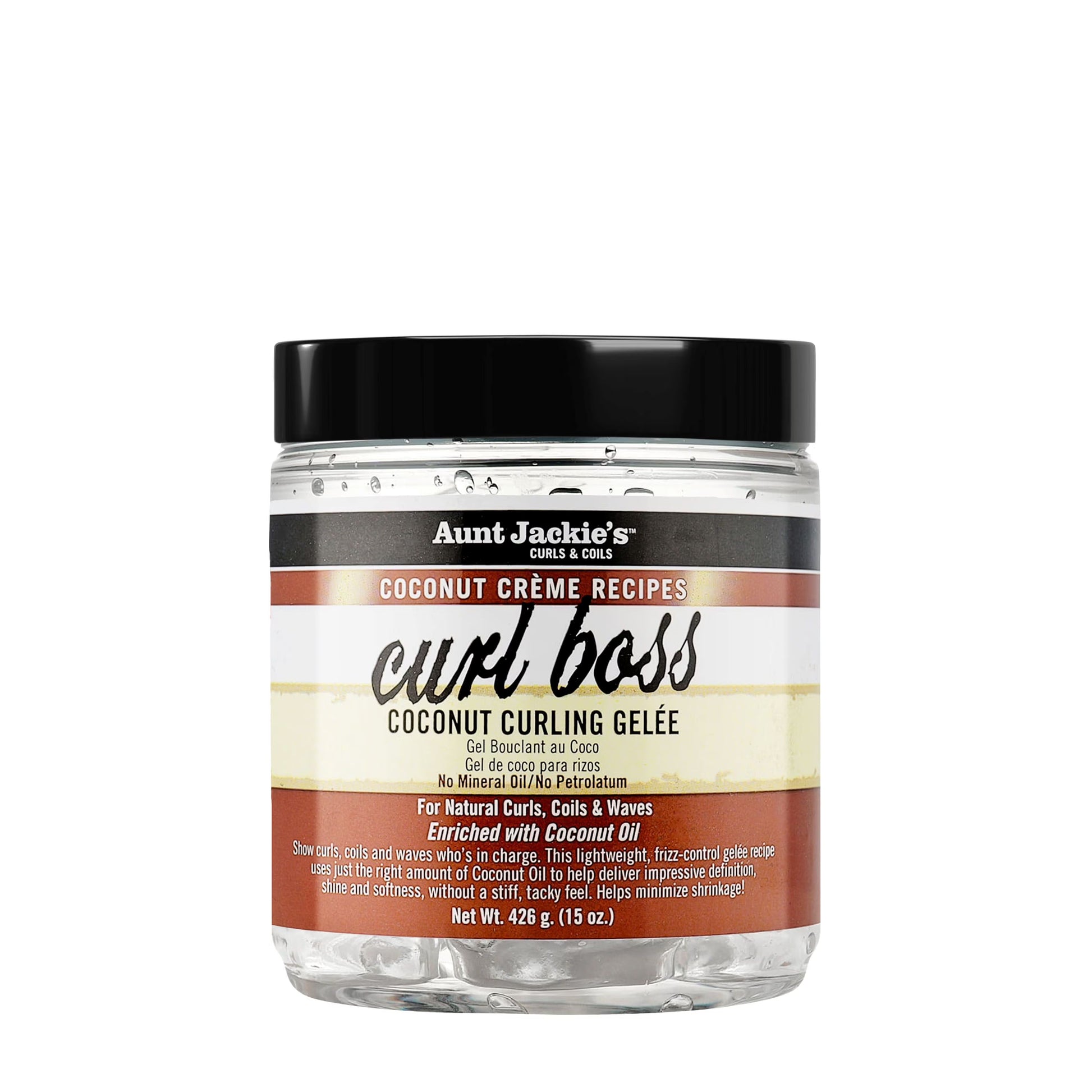 A jar of Aunt Jackie’s Curl Boss Coconut Curling Gelee 15oz standing upright against a plain white background, featuring brown and black packaging with the product name “Curl Boss” in large script and “Coconut Curling Gelee” below it.
