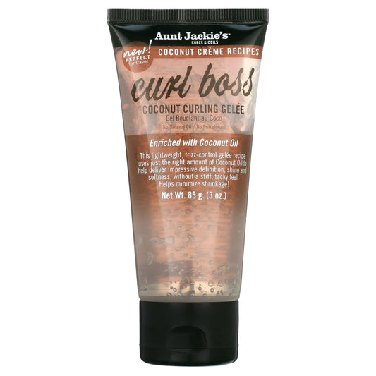 A tube of Aunt Jackie’s Curl Boss Coconut Curling Gelee 3oz standing upright against a plain white background, featuring brown and black packaging with the product name “Curl Boss” in large script and “Coconut Curling Gelee” below it.
