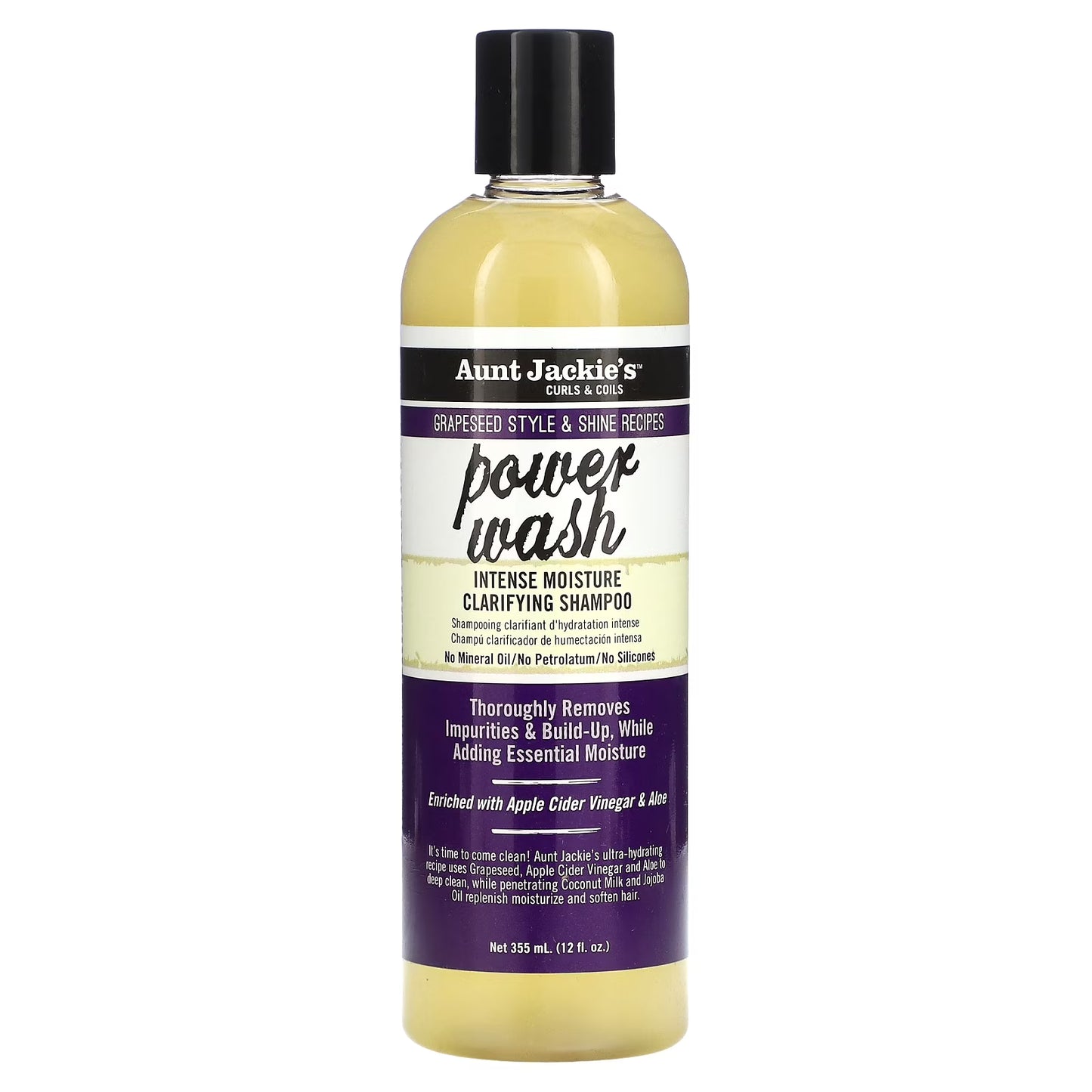 A bottle of Aunt Jackie’s Power Wash Intense Moisture Clarifying Shampoo 12oz standing upright against a plain white background, featuring purple and black packaging with the product name “Power Wash” in large script and “Intense Moisture Clarifying Shampoo” below it.