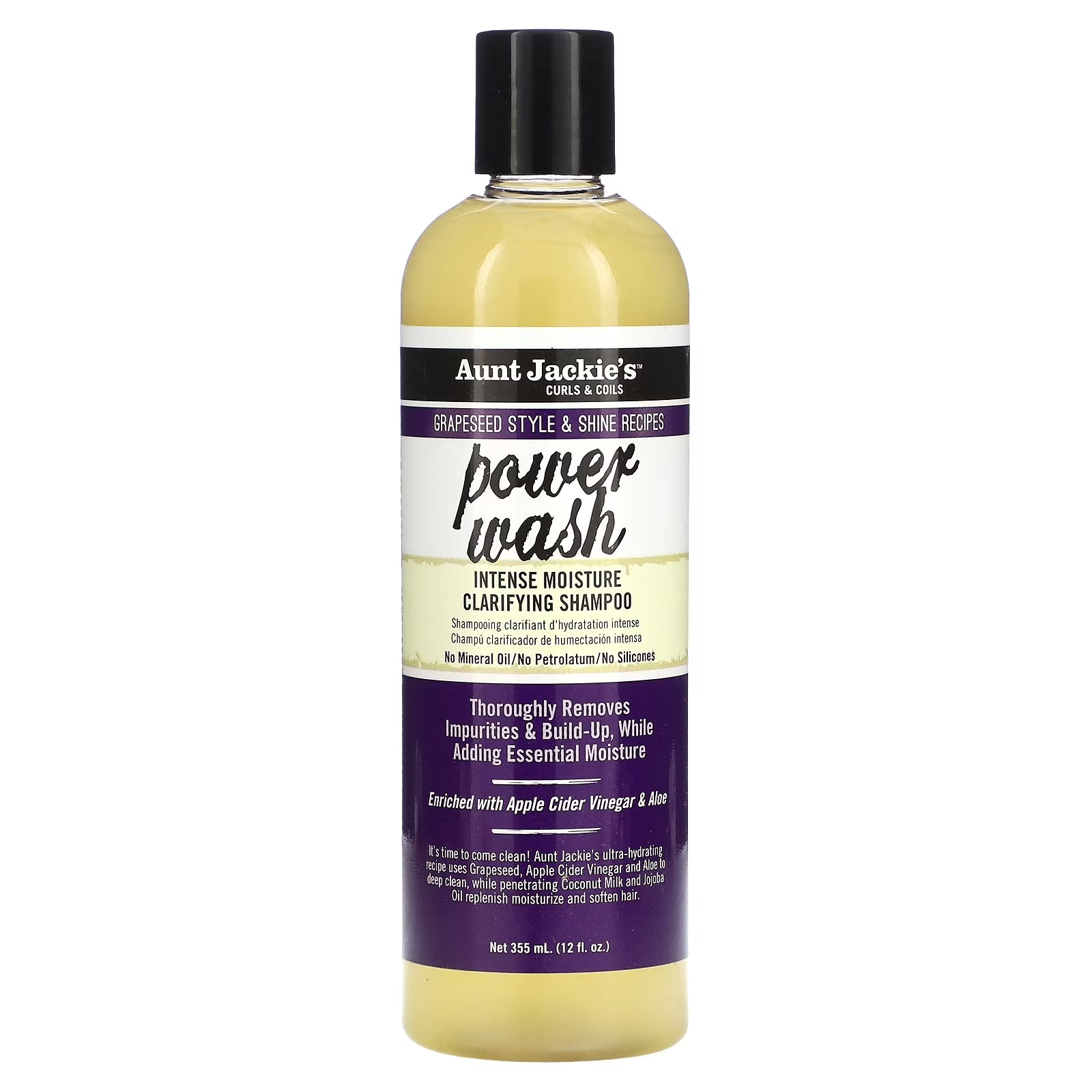 A bottle of Aunt Jackie’s Power Wash Intense Moisture Clarifying Shampoo 12oz standing upright against a plain white background, featuring purple and black packaging with the product name “Power Wash” in large script and “Intense Moisture Clarifying Shampoo” below it.