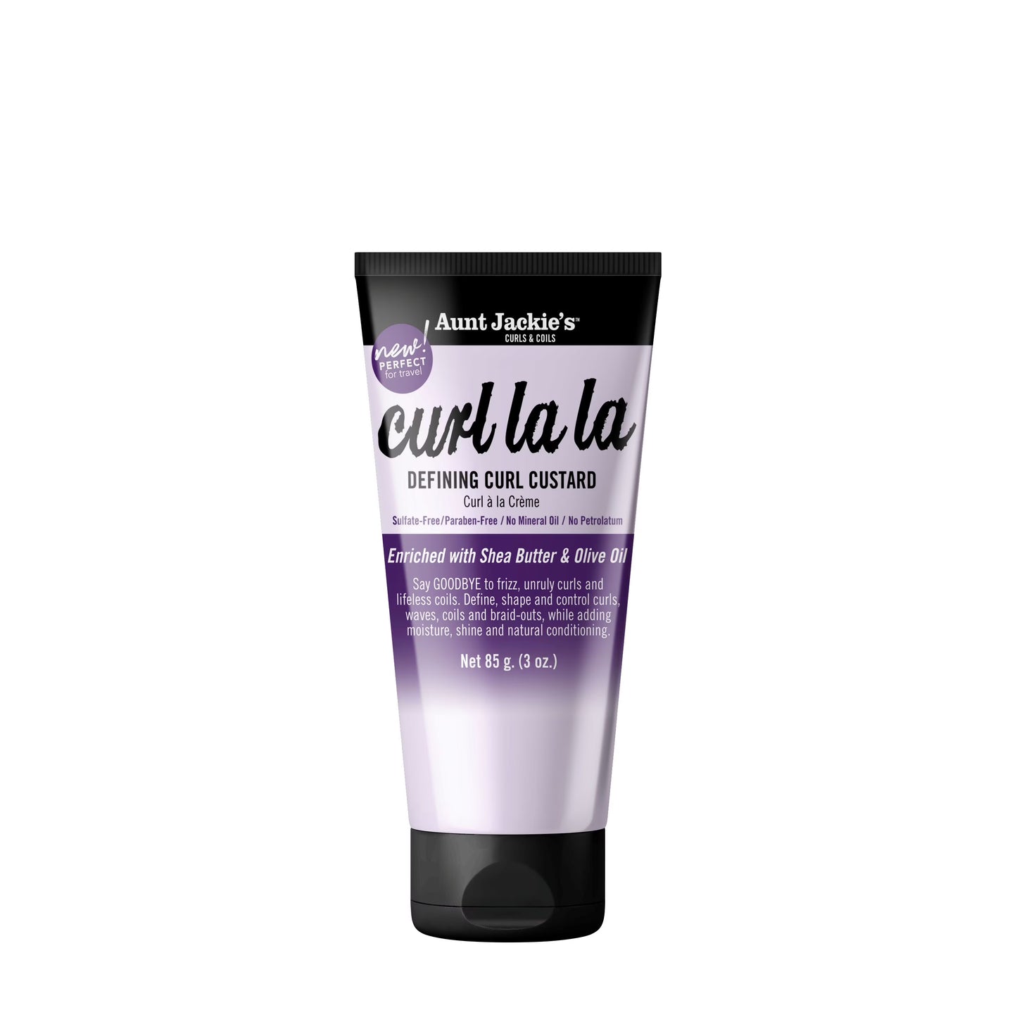 A tube of Aunt Jackie’s Curl La La Defining Curl Custard 3oz standing upright against a plain white background, featuring purple and black packaging with the product name “Curl La La” in large script and “Defining Curl Custard” below it.