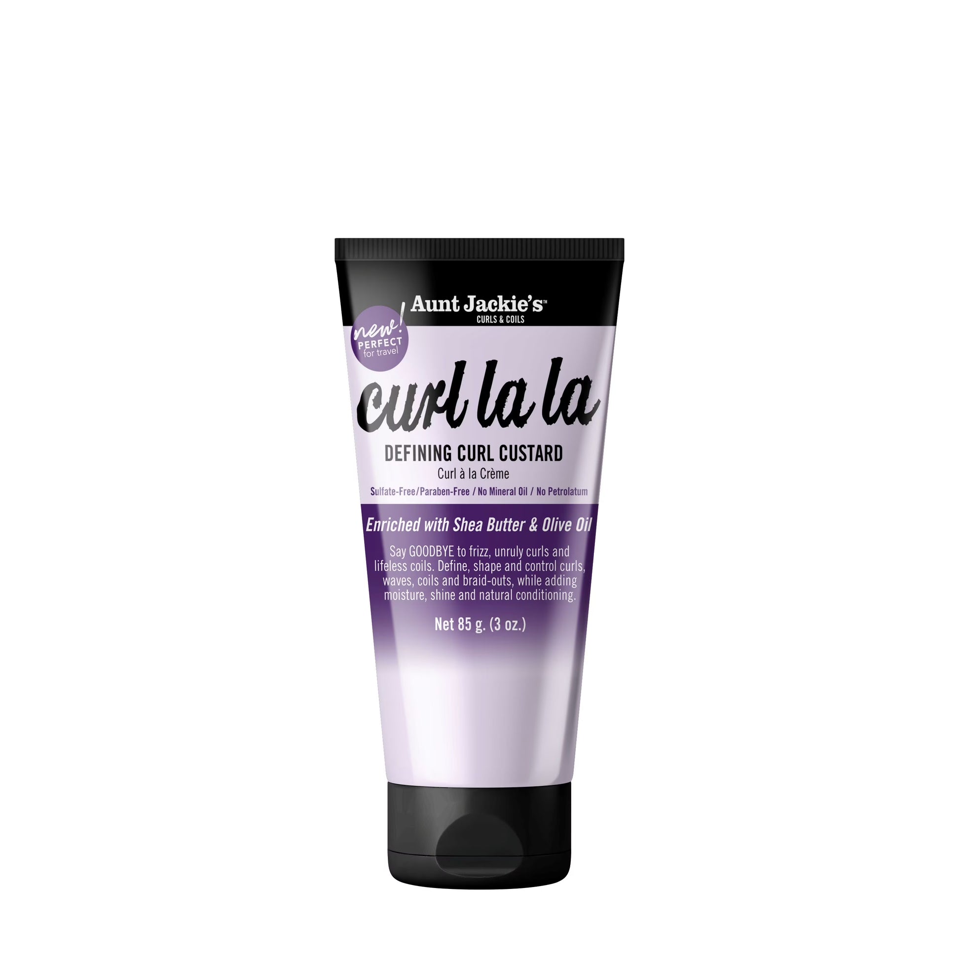 A tube of Aunt Jackie’s Curl La La Defining Curl Custard 3oz standing upright against a plain white background, featuring purple and black packaging with the product name “Curl La La” in large script and “Defining Curl Custard” below it.