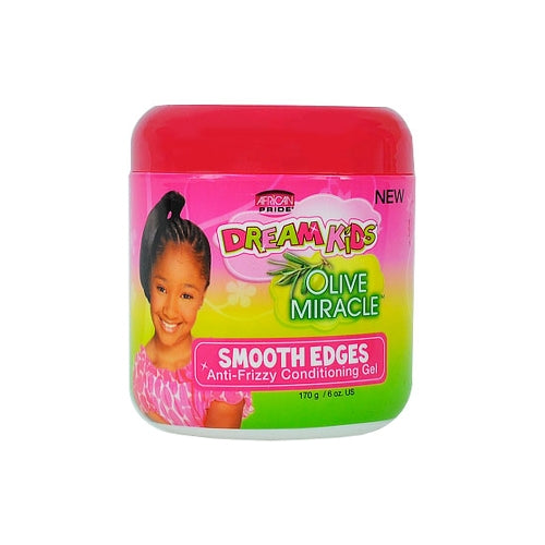 African Pride Smooth Edges Anti-Frizzy Conditioning Gel 6oz in a pink bottle and bold Dream Kids Olive Miracle text at the top.