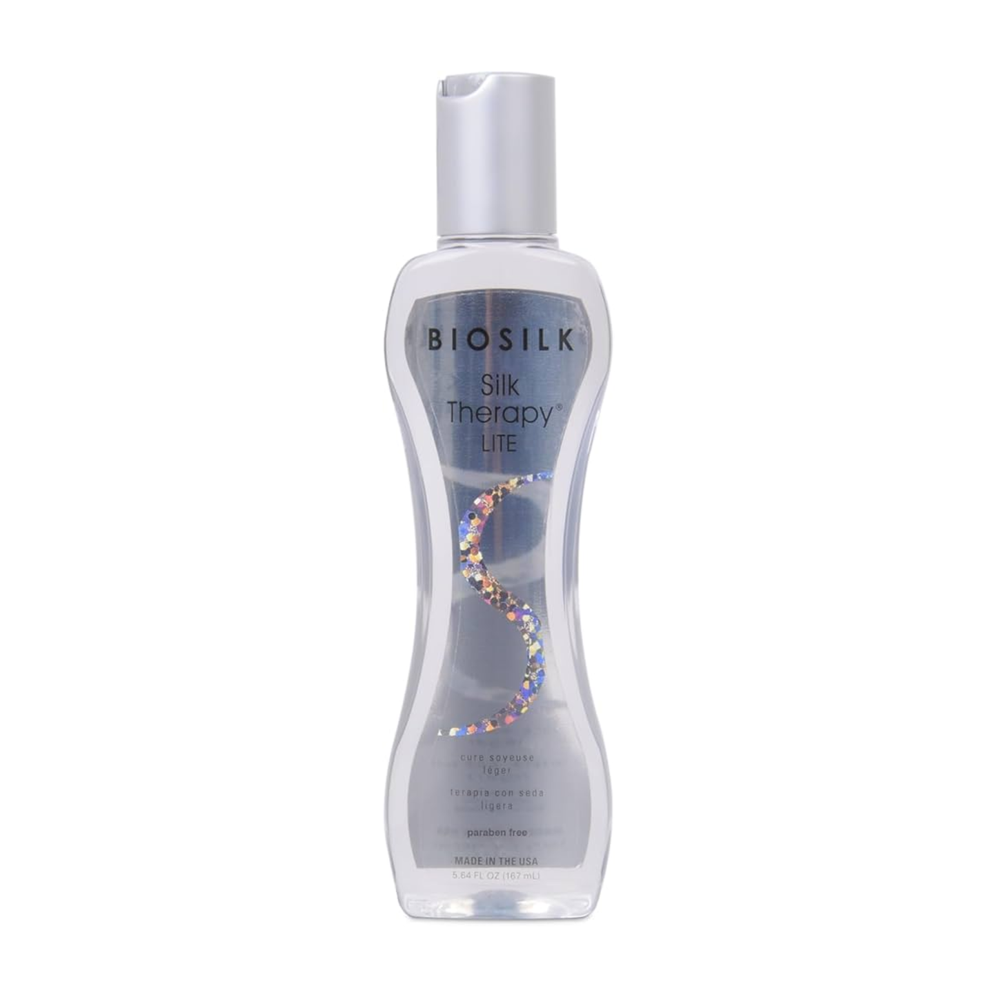 BioSilk Silk Therapy Lite oz in a clear bottle that has grey script at the top "BioSilk" and below "Silk Therapy Lite"