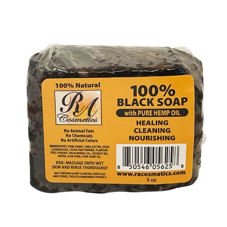 RA Cosmetics 100% Black Soap Pure Hemp Oil 5oz is a natural African black soap infused with pure hemp oil, designed to deeply cleanse skin and scalp while helping remove dirt, excess oil, and impurities. It helps moisturize and soothe the skin, supporting a softer, smoother, and healthier-looking complexion while maintaining natural hydration.