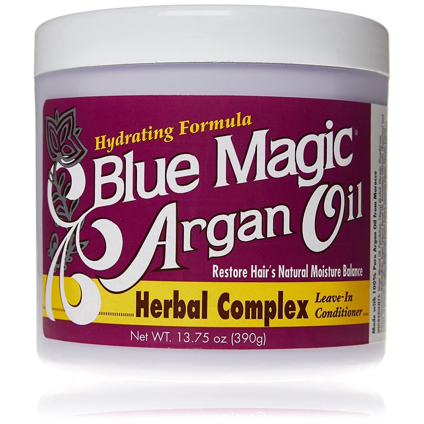 Blue Magic Argan Oil Herbal Complex in a clear jar with purple product and magenta label