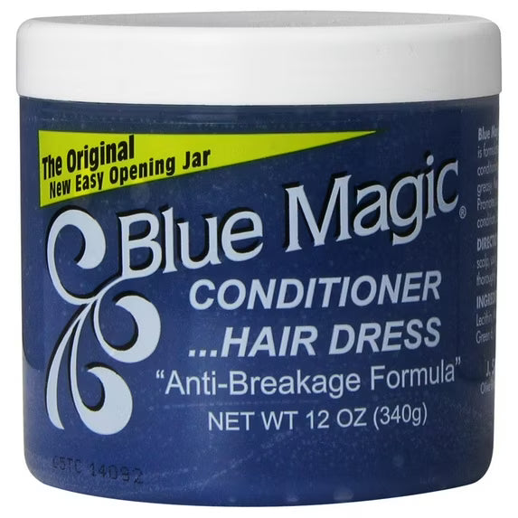 Blue Magic Conditioner Hair Dress in a clear jar with blue product and white label