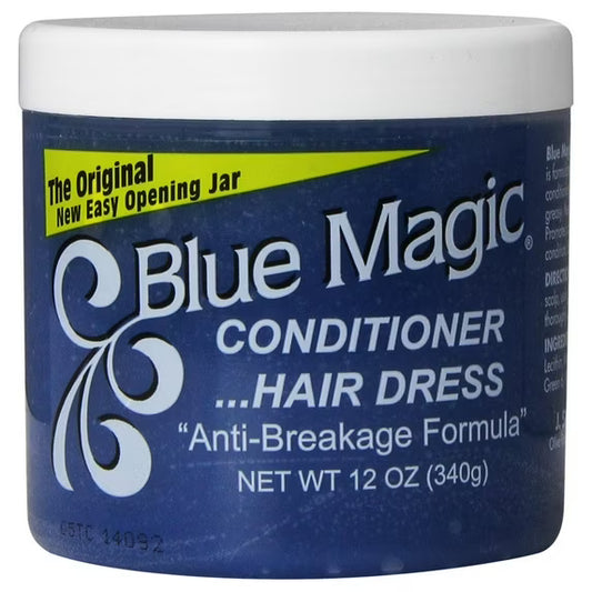 Blue Magic Conditioner Hair Dress in a clear jar with blue product and white label