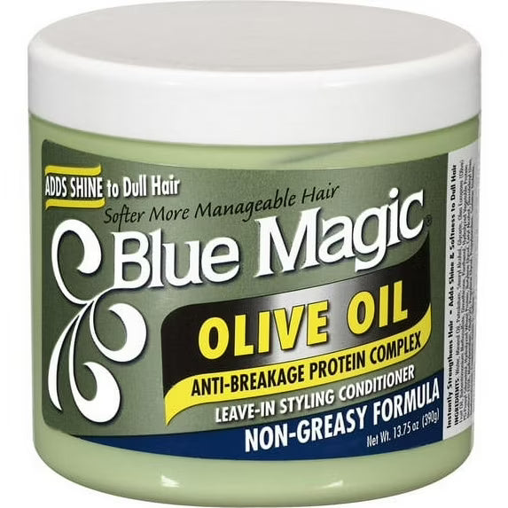 Blue Magic Olive Oil Hair Conditioner Non Greasy Formula in a clear jar with green product and green label