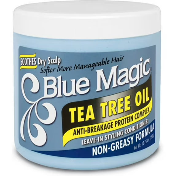Blue Magic Tea Tree Oil Leave In Styling Conditioner  in a clear jar with blue product and blue label