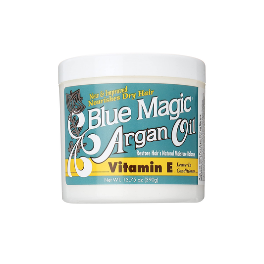 Blue Magic Vitamin E Leave-In Conditioner 13.75oz in a clear jar and a blue, yellow, and white label.