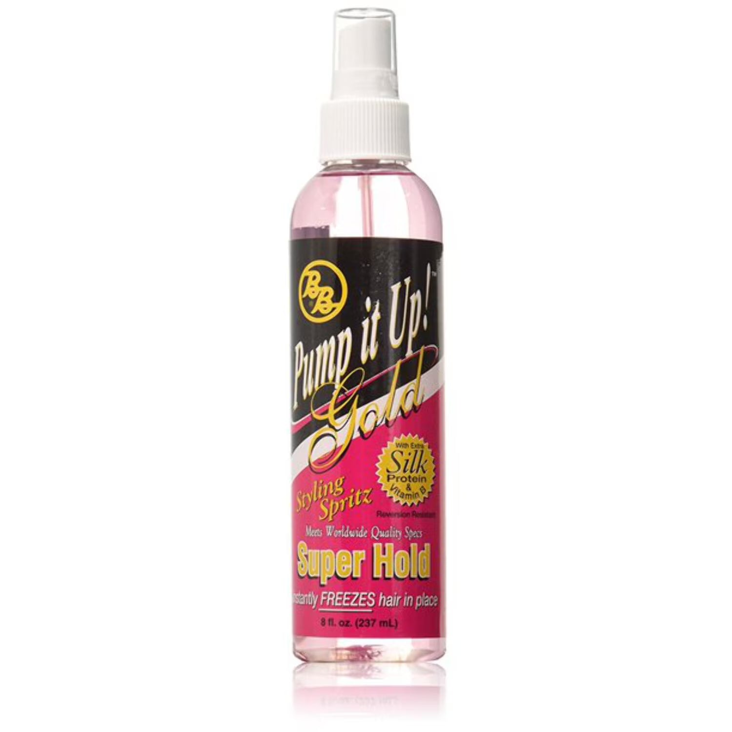 BB Pump It Up Gold styling spritz in a clear spray bottle with pink liquid, white nozzle, and black and red label for super hold styling