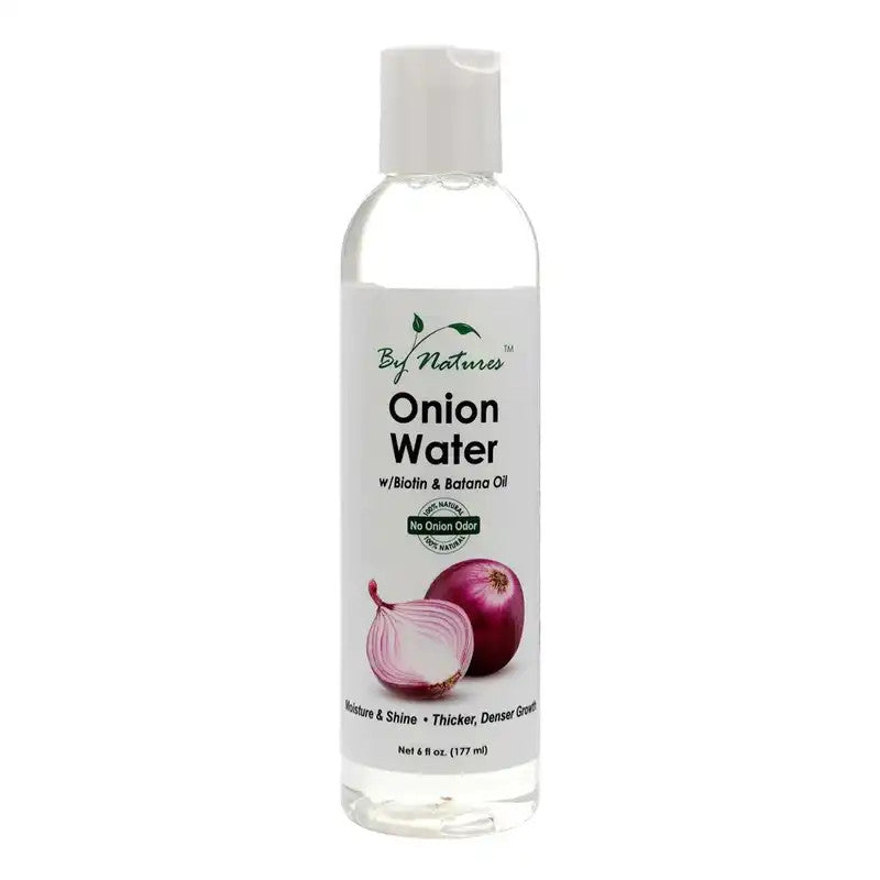 By Natures Onion Water w/Biotin & Batana Oil in a clear bottle with clear liquid, white cap, and onion label for hair and skin