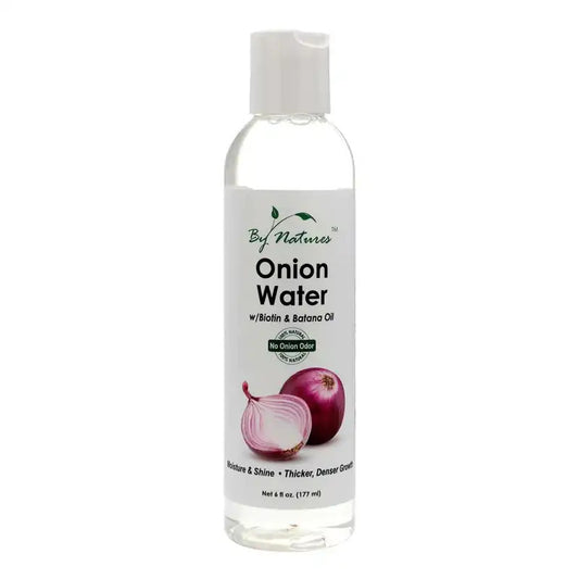 By Natures Onion Water w/Biotin & Batana Oil in a clear bottle with clear liquid, white cap, and onion label for hair and skin