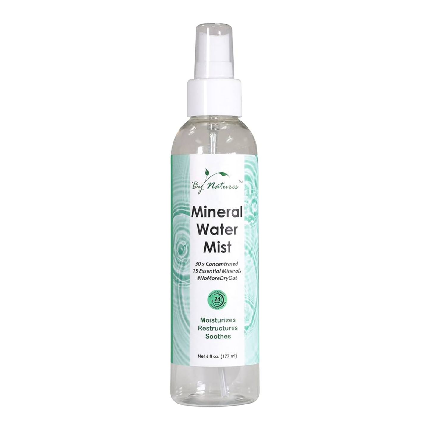 By Natures Mineral Water Mist in a clear spray bottle with clear liquid, white cap, and a water drop label for hair and skin