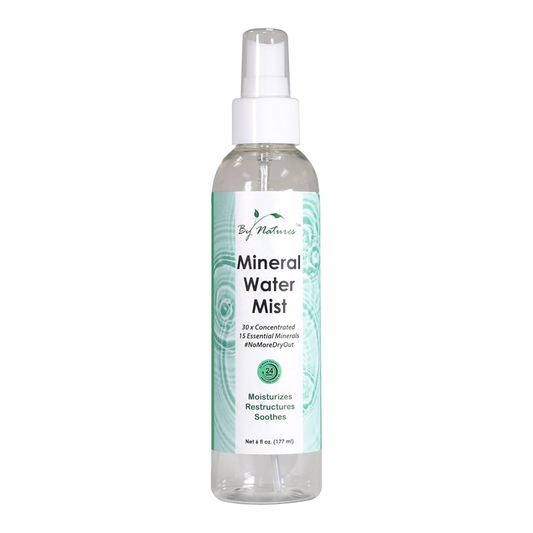 By Natures Mineral Water Mist in a clear spray bottle with clear liquid, white cap, and a water drop label for hair and skin