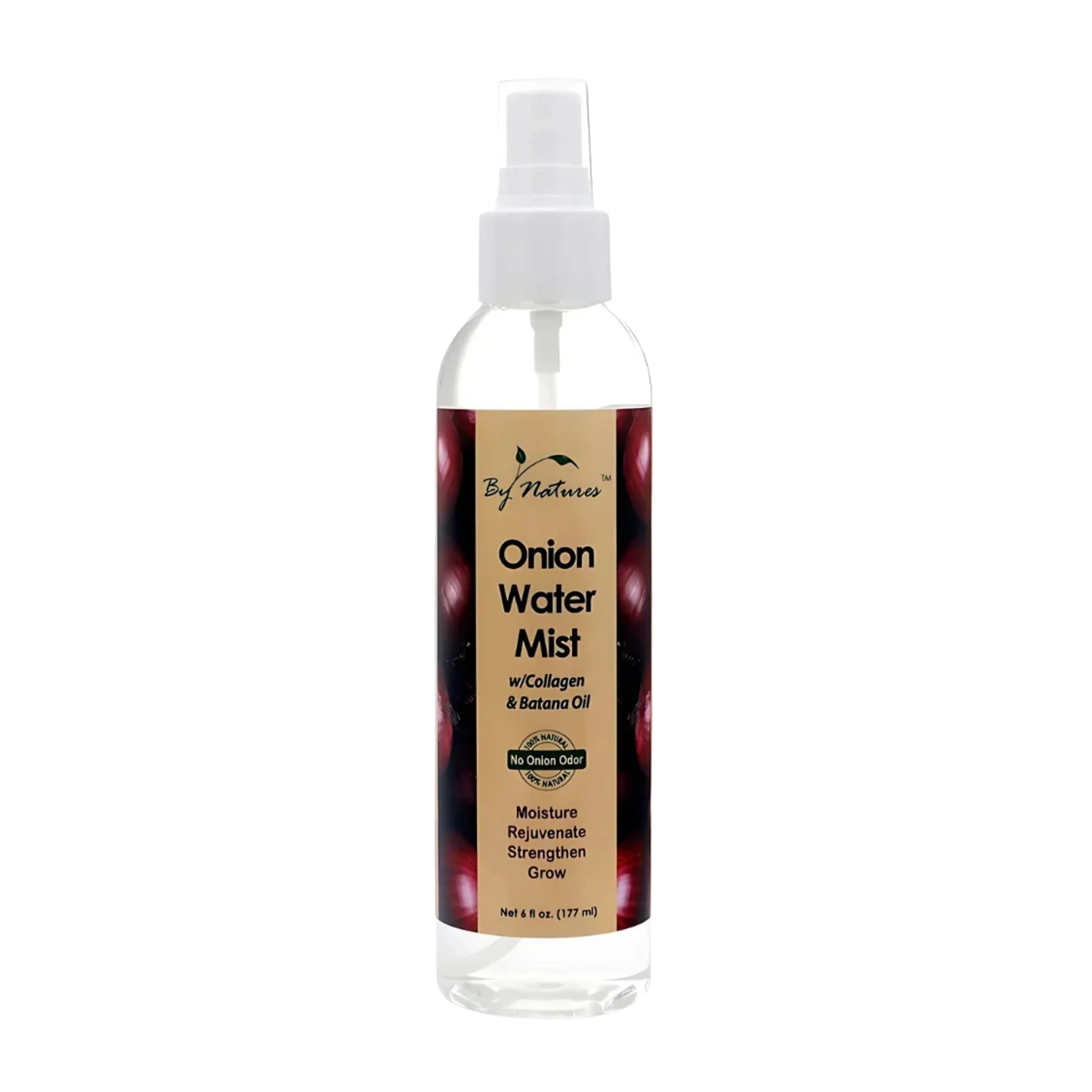 By Natures Onion Water Mist in a clear spray bottle with clear liquid, white cap, and onion label for hair and skin