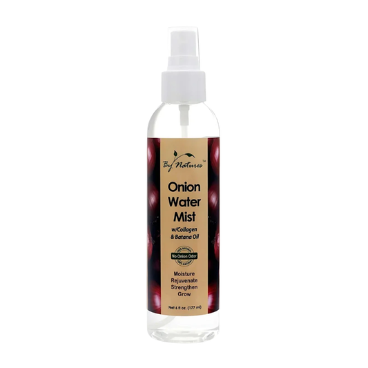 By Natures Onion Water Mist in a clear spray bottle with clear liquid, white cap, and onion label for hair and skin