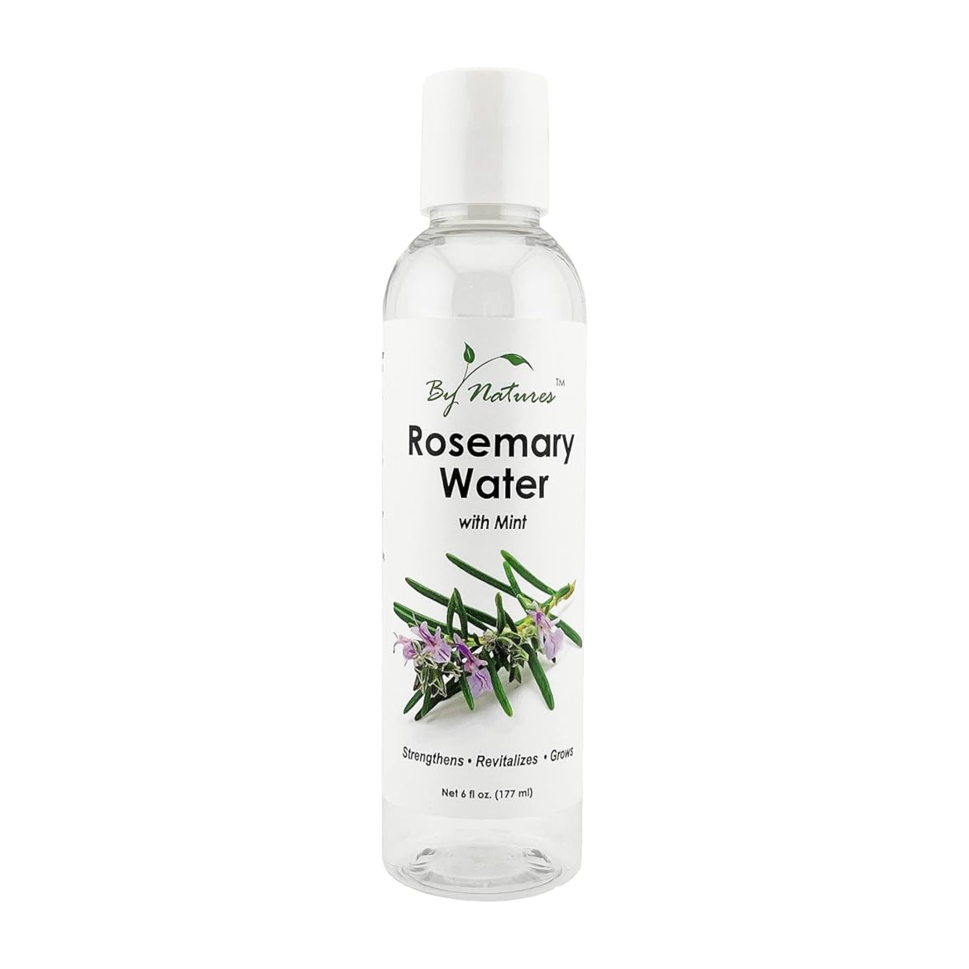 By Natures Rose Water with Mint in a clear bottle with clear liquid, white cap, and floral label for skin and scalp