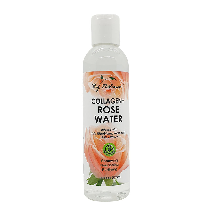 By Natures Rose Water Collagen in a clear bottle with clear liquid, white cap, and floral label for skin to reduce fine lines and plump and revitalize skin.