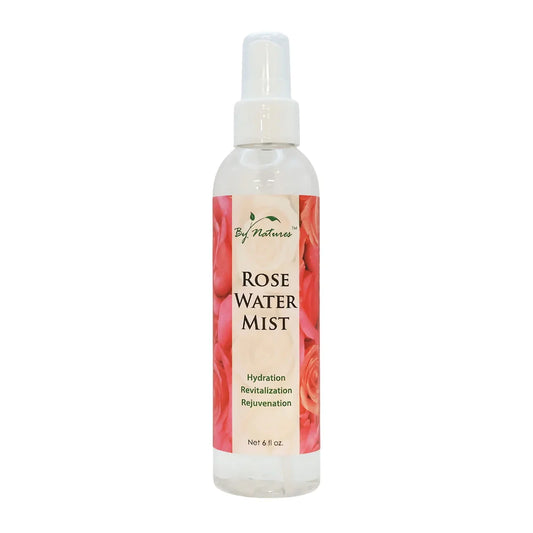 By Natures Rose Water in a clear spray bottle with clear liquid, white cap, and floral label for face, skin, and hair