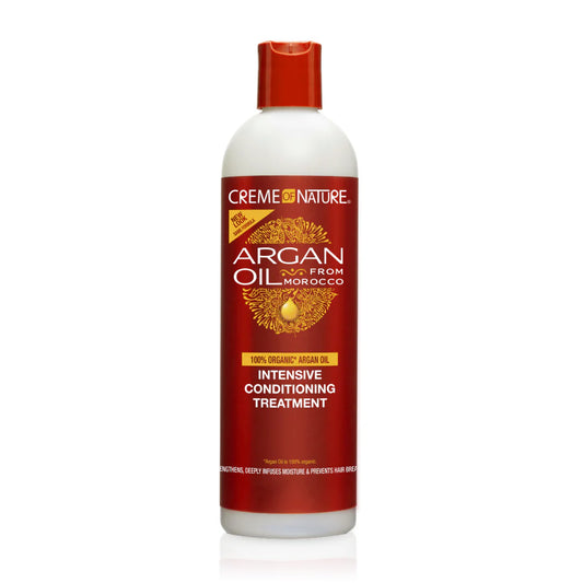 Creme of Nature Argan Oil Intensive Conditioning Treatment in a clear bottle with red cap and red, yellow, and white labels and text