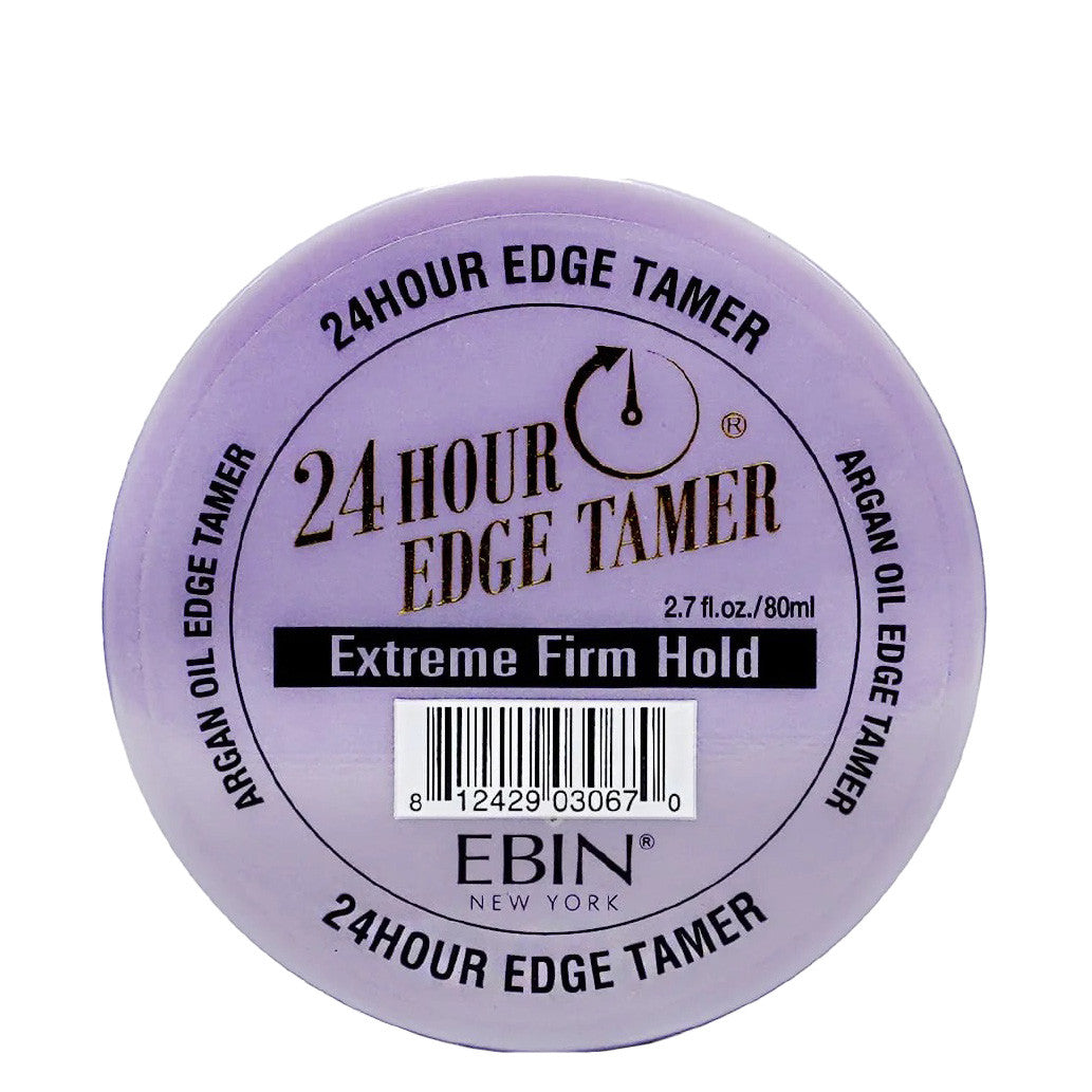 Ebin 24 Hour Edge Tamer Extreme Firm Hold In a clear jar with a purple lid and black script