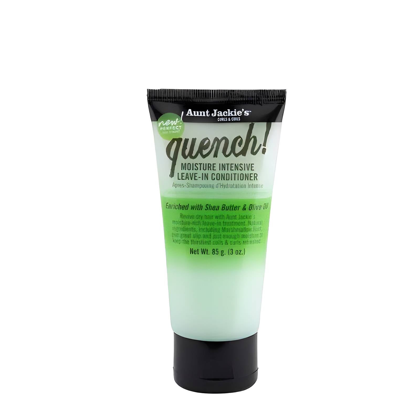 A bottle of Aunt Jackie’s Quench Moisture Intensive Leave-In Conditioner 4oz standing upright against a plain white background, featuring green and  black packaging with the product name “Quench!" in large script and "Moisture Leave-In Conditioner” below it.