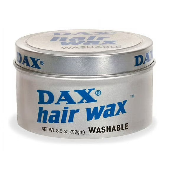 Dax Washable Hair Wax Strong Hold Light Shine Hair Dress in a silver tin jar with blue script