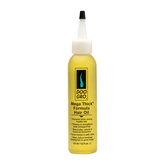 Doo Groo Mega Thick Formula Hair Oil In a clear bottle with yellow oil and black labels and script