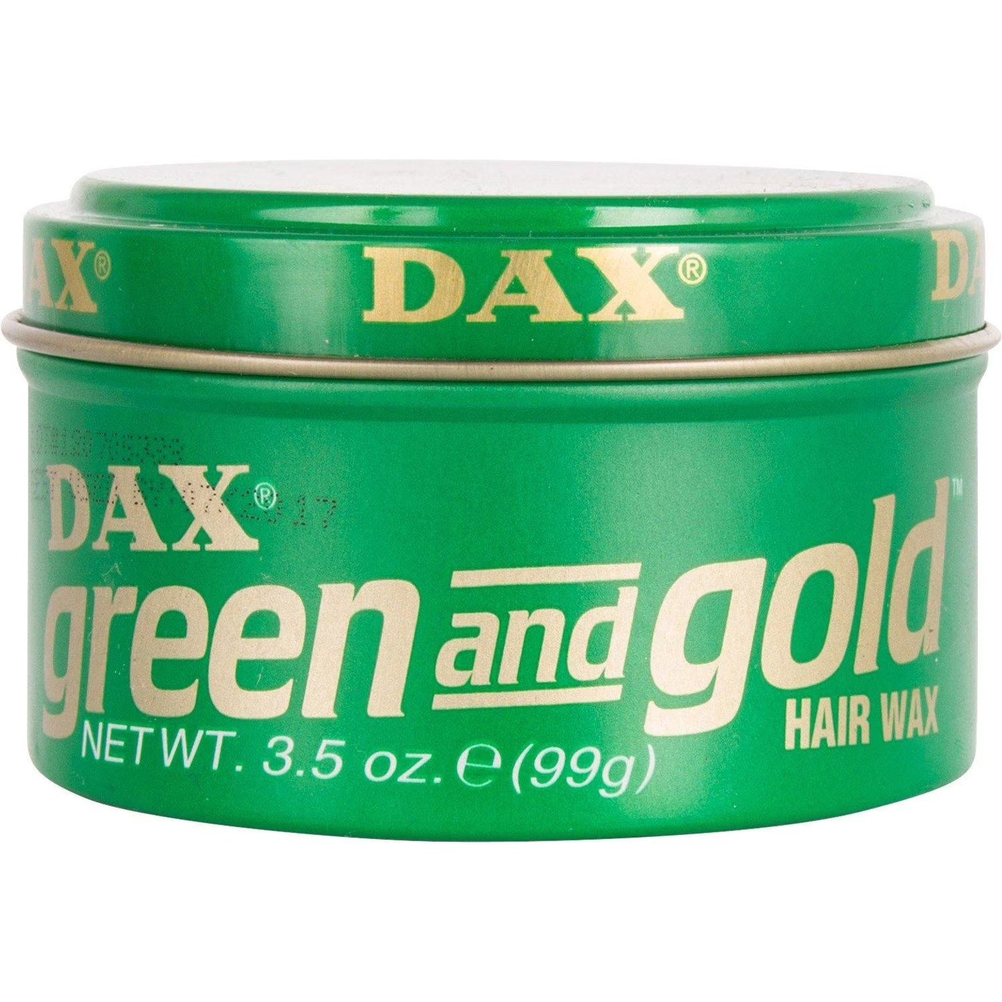 Dax Green and Gold Hair Wax in a green tin jar with yellow script