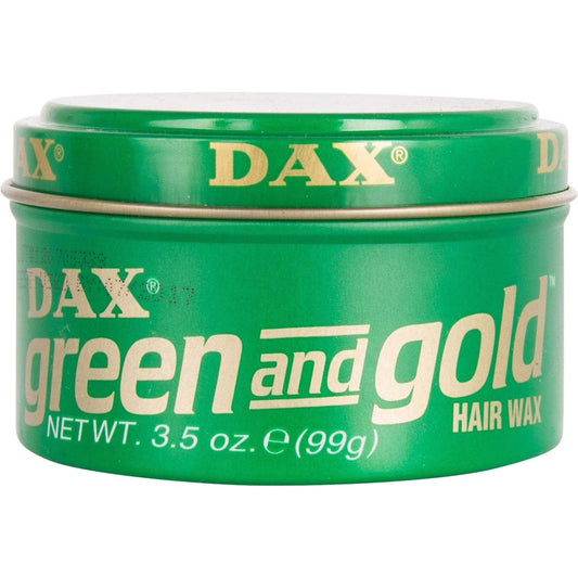 Dax Green and Gold Hair Wax in a green tin jar with yellow script