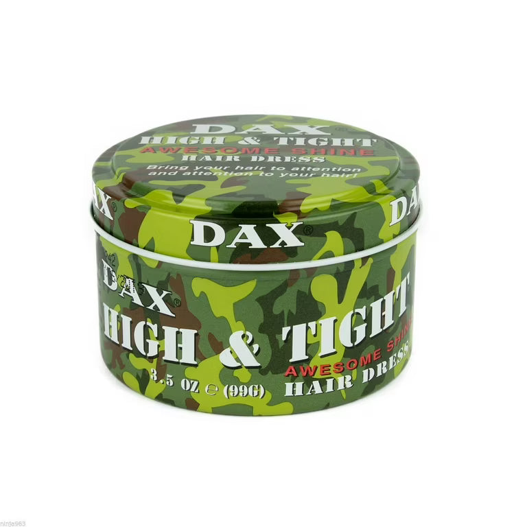 Dax High and Tight Awesome Shine Hair Dress in a tin jar with a camo pattern of green and brown with white script 