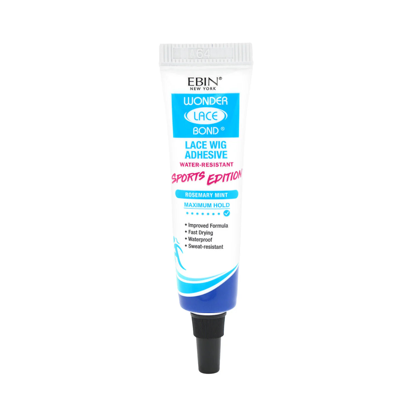 A tube of Ebin New York Wonder Lace Bond Water-Resistant Sports Edition Tube in a white tube and black cap with blue and white packaging with a black, pink and blue script