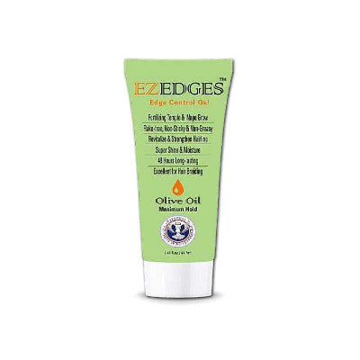 A tube of EzEdges Edge Control Olive Oil in a green tube with orange, black and white packaging. Used for styling edges and flyaways