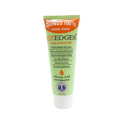 A tube of EzEdges Edge Control Olive Oil in a green tube with orange, black and white packaging. Used for styling edges and flyaways